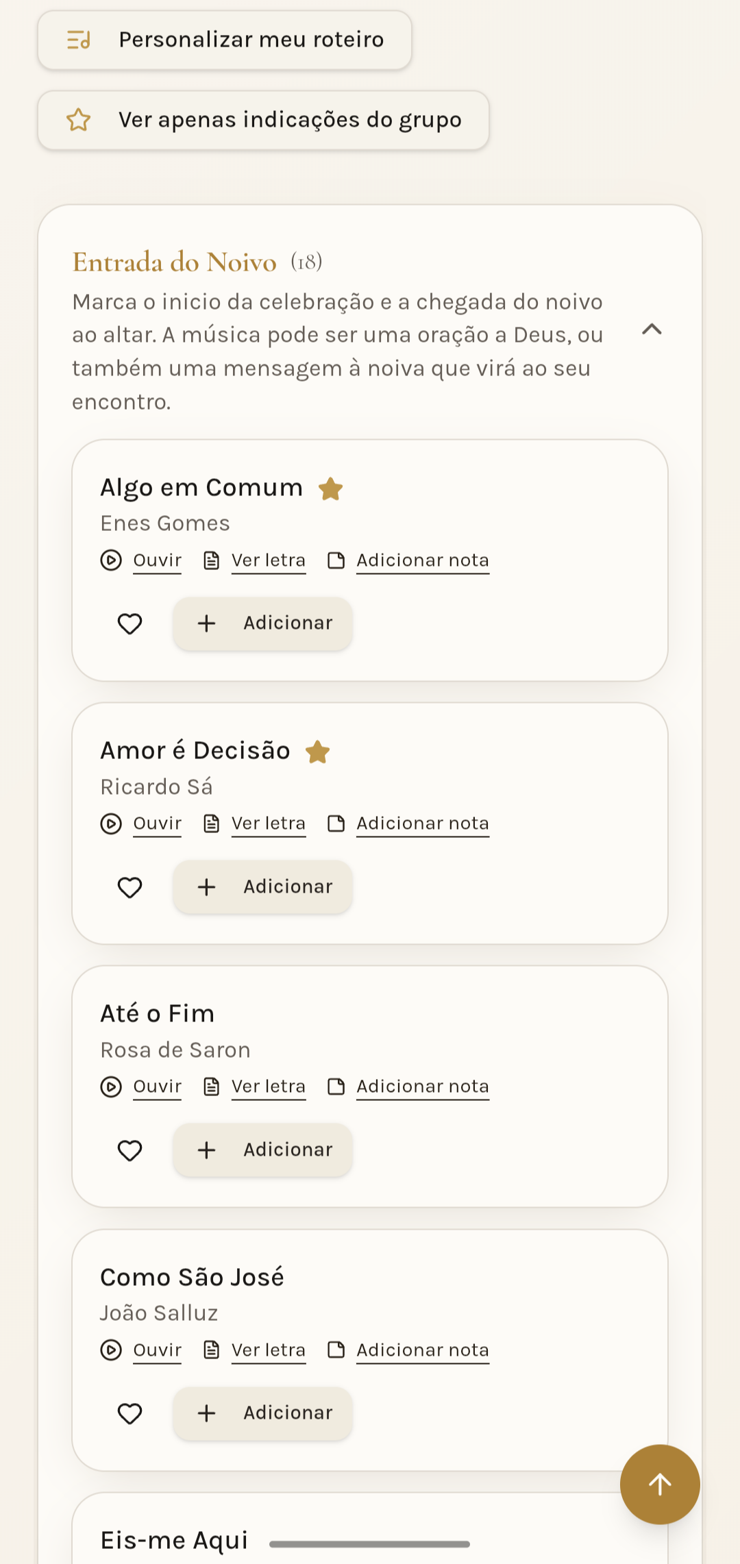 Interface mobile detalhando a Entrada do Noivo e lista de músicas recomendadas