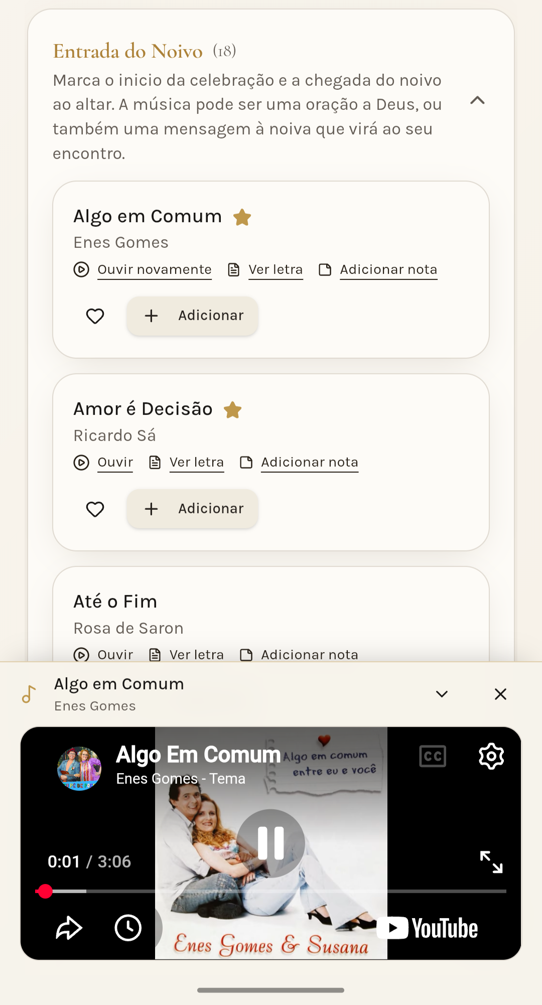 Player de vídeo e áudio incorporado para audição da música sacra